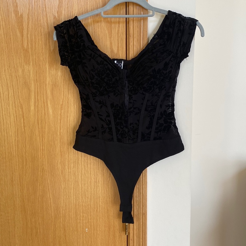 Black velvet mesh corset bodysuit. Super sexy and flattering.